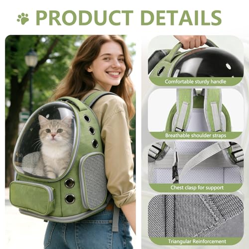 Expandable Cat Backpack Carrier, Breathable Cat Bubble Backpack for Kitty & Small Dog up to 18lbs, Large Space Cat Carrier Backpack, Foldable Airline Approved Carrier for Travel (Green) - color: Expandable Green