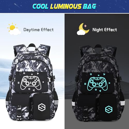 Scothen Boys Backpack, Cool Luminous School Backpack with Lunch Bag & Pencil Case, Kids Backpack for Kindergarten to Middle School, Black Graffiti, 25L, USB Charging Port - color: Black Graffiti