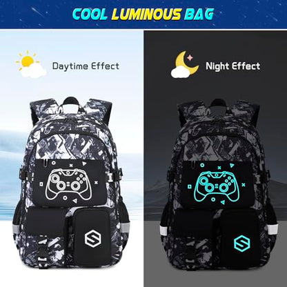 Scothen Boys Backpack, Cool Luminous School Backpack with Lunch Bag & Pencil Case, Kids Backpack for Kindergarten to Middle School, Black Graffiti, 25L, USB Charging Port - color: Black Graffiti