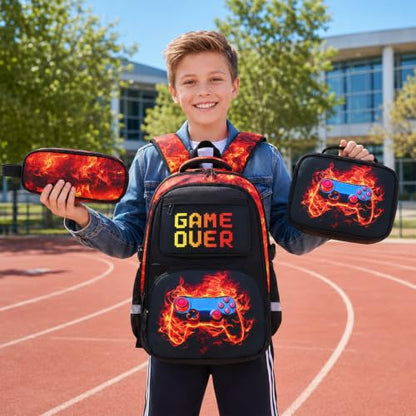 Scothen 3PCS Boys Backpack Set, Cool Backpack for Boys with Lunch Bag & Pencil Case, Kids School Bag Teen Boy Bookbag for Kindergarten Elementary Middle School with USB Charging Port - color: Red Flame