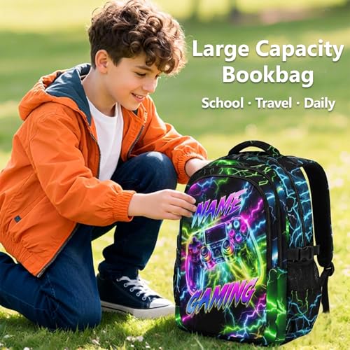 Boys Gaming Backpack Personalized School Backpacks for Kids Teens Game Lovers, 17 Inch Custom Game Controller Bookbags with 3 Compartments - color: Colorful