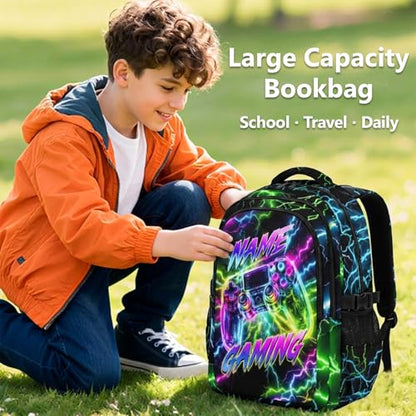 Boys Gaming Backpack Personalized School Backpacks for Kids Teens Game Lovers, 17 Inch Custom Game Controller Bookbags with 3 Compartments - color: Colorful