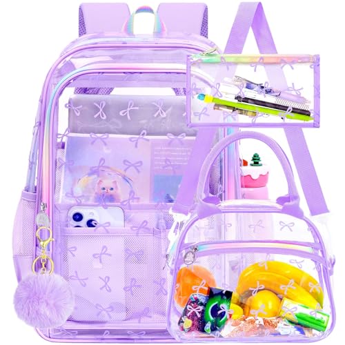 gxtvo 3PCS Clear School Backpack Heavy-Duty Set for Women & Teen Girls, 17" Purple Transparent Bookbag with Rainbow Strap, Elegant Bow See Through Bag - color: Purple Elegant Bow Clear Backpack Set