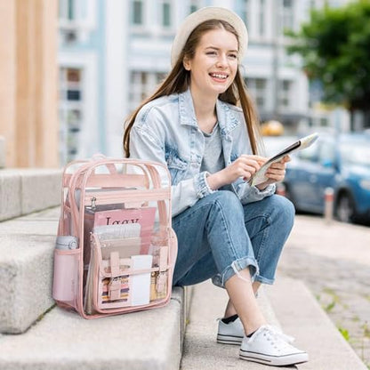 Telena Clear Backpack with Multi-pockets, Heavy Duty TPU Transparent Bag with Reinforced Straps, Large See Through Bookbag for College, Work - Pink - color: 2-pink
