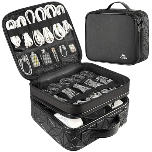 MATEIN Cable Organizer Bag, Waterproof Travel Electronic Storage, Shockproof Portable Double Layer Tech Bags Carrying Case for Cord, Earbuds, Charger, SD Card, DJ Gifts, Black - color: Black, size: Medium