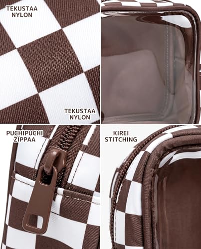 Clear Checkered Makeup Bag, Small Cosmetic Pouch with Zipper Mini Waterproof Makeup Purse Organizer Cute Cosmetic Bag Travel TSA Approved Toiletry Bag Car Organizer for Women Girls (Brown) - color: Brown