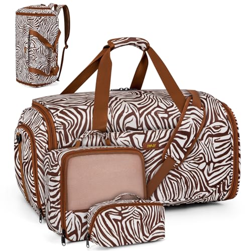 Convertible Garment Bags for Travel - Carry on Garment Duffle Bag with Backpack Straps for Men Women, 4 in 1 Large Travel Duffel Bags with Shoes Compartment Hanging Suit Dress Weekender Bag 3pcs Set - color: D1-Brown Zebra