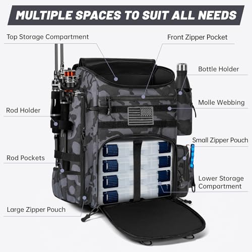 40L Fishing Backpack Water Resistant Fishing Tackle Bag with 2 Rod Holders, Tackle Storage Bag for Anglers（Black camo,Bag Only - color: Black Camo