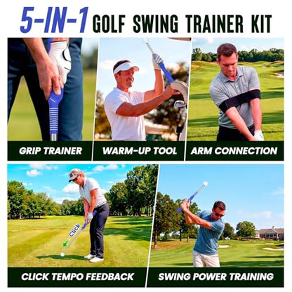 5-in-1 Golf Swing Trainer for Right-Handed Golfers with Click Feedback, Retractable Training Aid, Grip Trainer & Arm Band, Improve Tempo & Swing Path, Indoor Outdoor Practice - color: Blue