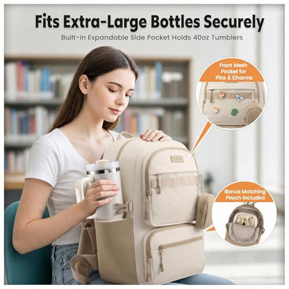 LOVEVOOK Laptop Backpack with Locking Cup Holder & Anti-Slip Strap, 17" Waterproof Travel Daypack Trolley Sleeve, Work College Commute Bag with Keychain Zip Pouch - color: Beige - Khaki, size: 17 Inch