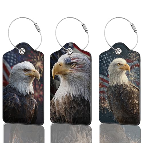 Set of 3 Luggage Tags, Bald Eagle USA Flag Leather Suitcases Tag Identifiers with Privacy Name Address Labels & Durable Steel Loop for Women Men Travel - color: Bald Eagle Usa Flag