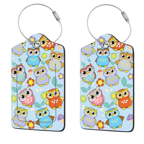 2 Pcs Luggage Tags for Suitcase, Cute Unique PU Leather Travel Bag Tag with Privacy Cover ID Label Address Card and Durable Metal Ring Suitable for Men Women Children Backpack,Owls - color: Owls