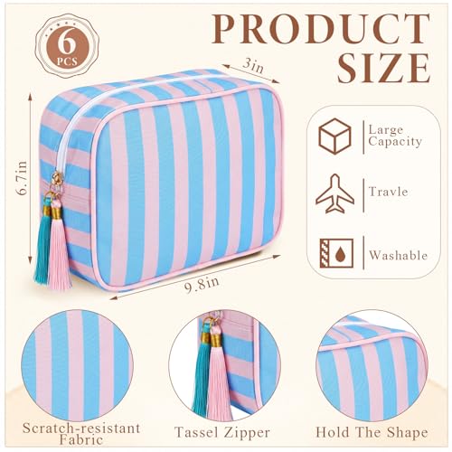 Kacctyen 6 Pack Peony Pink and Slate Blue Striped Makeup Bag bulk with Tassel Travel Cosmetic Pouch Organizer Large Zipper Toiletry Case for Women Aesthetic Storage Pouch Mahjong Tile Bag - color: Peony Pink and Slate Blue