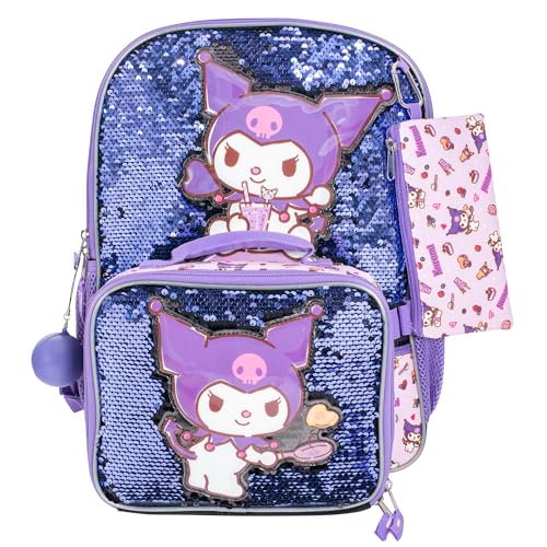 AI ACCESSORY INNOVATIONS Sanrio’s Kuromi 4 Piece Backpack Set, Hello Kitty Kawaii Flip Sequin Girls School Bag with Front Zip Pocket, 2 Side Mesh Pockets, Black & Purple - color: Kuromi