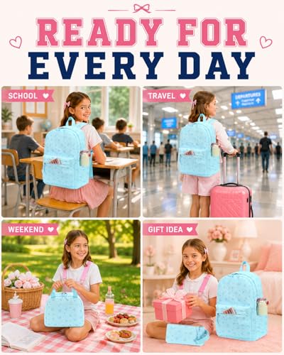 CAMTOP Girls Backpack with Lunch Box Set, Cute Bow School Backpack for Kids, 3-in-1 Lightweight Lunch Bag and Pencil Pouch - color: Blue Heart Bow