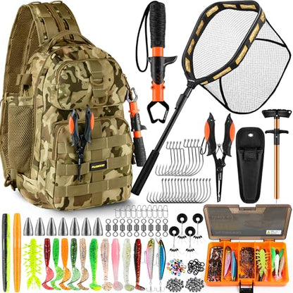 PLUSINNO Fishing Backpack with Floating Fishing Net, Tackle Boxes, Waterproof Sling Tackle Bag For Fish Gear With Rod Holder, Gifts for Men - color: Fishing Backpack With Fishing Net (Orange)