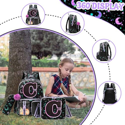 HTgroce Backpacks for Girls School Bag Kids Black Bookbag for Elementary Students Kids Backpack with Lunch Box and Pencil Case - color: Black, style: C