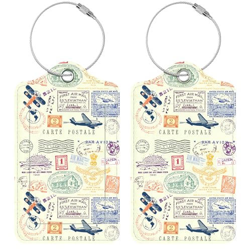 Luggage Tags for Suitcases, 2 Pack Cute PU Leather Luggage Tag TSA Approved with Stainless Steel Loop and Address Card Baggage Tag for Travel&Cruise Ships&Shipping Retro Stamp, by Chelmon - color: Retro Stamp