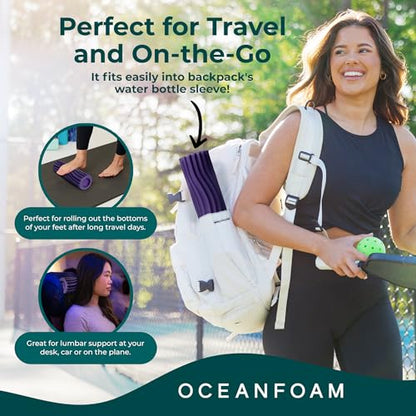 Oceanfoam Ripple Travel Foam Roller (11" x 3.35") Firm Mini Foam Roller for Physical Therapy, Deep Tissue Massage, Back Pain - High Density, Ergonomic Wave Textured - Yoga, Pilates, Exercise (Seafoam) - color: Purple