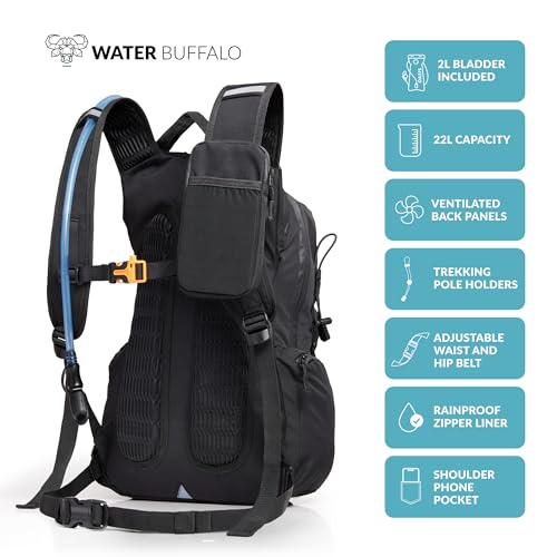 Water Buffalo Hydration Backpack - Sherpa 22L Hiking Backpack with Water Bladder - Water Backpack for Hiking with Waterproof Zippers, Phone & Pole Holders - color: Black
