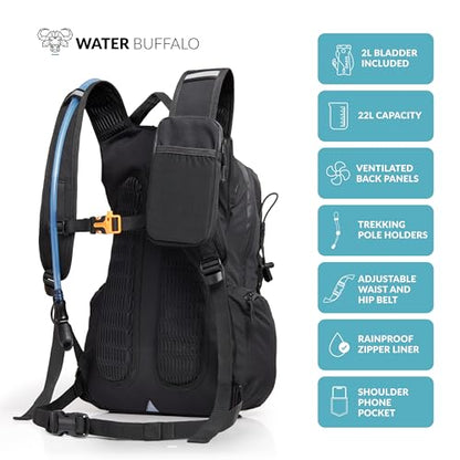 Water Buffalo Hydration Backpack - Sherpa 22L Hiking Backpack with Water Bladder - Water Backpack for Hiking with Waterproof Zippers, Phone & Pole Holders - color: Black