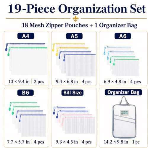 19-Piece Mesh Zipper Pouch Bags with Organizer Case, 5 Sizes - style: 19pcs