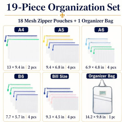 19-Piece Mesh Zipper Pouch Bags with Organizer Case, 5 Sizes - style: 19pcs