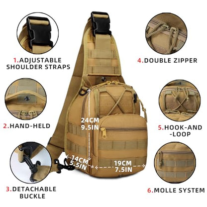 J.SH Tactical Sling Bag, Military Shoulder Bag with MOLLE, Crossbody Bag 9L - color: Khaki