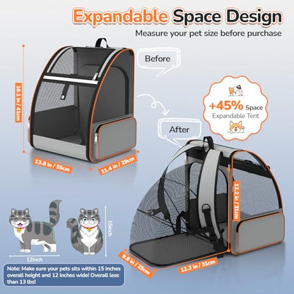 Cat Backpack Carrier Expandable for Outdoor - Foldable Cat Backpack with Breathable Mesh for Small Dog Puppy Kitten Up to 15 lbs - Soft Sided Pet Carrier for Travel Hiking Camping (Gray)