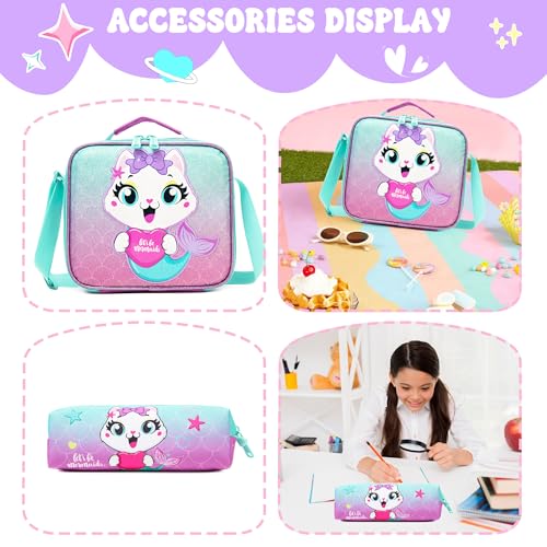 Meetbelify Kids School Backpacks for Girls Boys Backpack with Lunch Bag for Elmentary Students - color: 01 Mermaid Cat