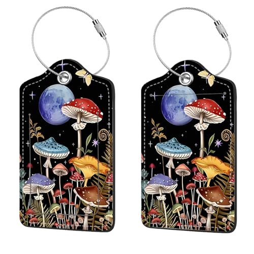 2 Pcs Luggage Tags for Suitcase, Cute Unique PU Leather Travel Bag Tag with Privacy Cover ID Label Address Card and Durable Metal Ring Suitable for Men Women Children Backpack,Mushrooms - color: Mushrooms