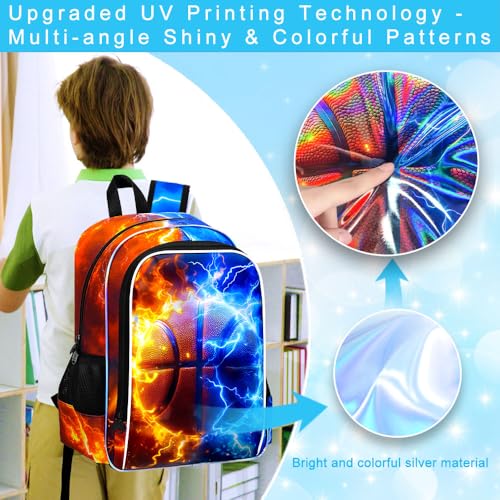 AGSDON 3PCS Basketball Backpack for Boys, 17" Kids Bookbag with Lunch Box for Boy, Flame Thunder Backpacks Water Resistant and Lightweight for Teen - color: Basketball