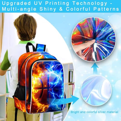 AGSDON 3PCS Basketball Backpack for Boys, 17" Kids Bookbag with Lunch Box for Boy, Flame Thunder Backpacks Water Resistant and Lightweight for Teen - color: Basketball