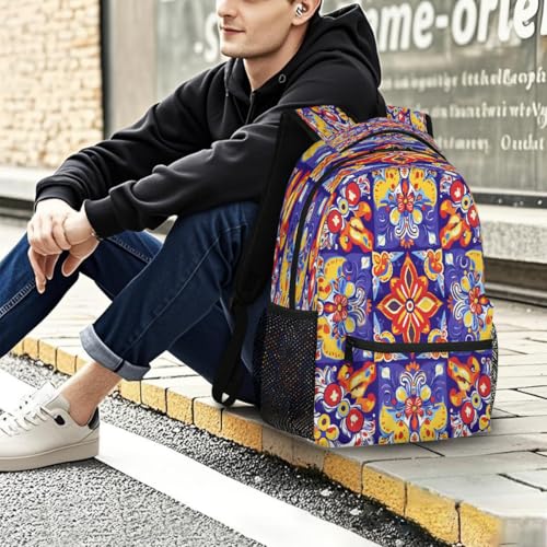 Large Backpack with 15.6 Inch Laptop Compartment, Ethnic Talavera Flower Adult Backpack for Work, Travel & School College Boys Girls - color: Ethnic Talavera Flower