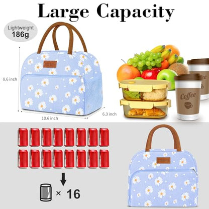 Coobiiya Lunch Bag Lunch Box for Women Men, Reusable Cute Lunchbag - Leakproof, Adult Insulated Lunch Box Tote with Large Capacity, Cooler Container for Work, Travel, Office (Blue Daisy) - color: Blue Daisy