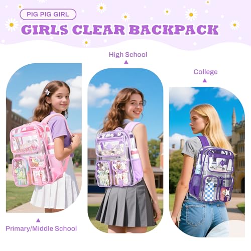PIG PIG GIRL Clear Backpack for School,Heavy Duty PVC Transparent Bookbag for Girls Stadium Approved See Through Backpack - color: Purple Daisy