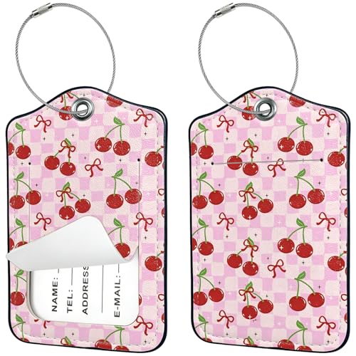 2 PCS Luggage Tags for Suitcases,Cute Cherry Bow Checker PU Leather Name Tag with Privacy Cover&ID Label Address Card and Durable Metal Ring Suitable for Men Women Travel Bag - color: Cherry Bow Checker