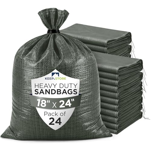 Heavy Duty Sand Bags Pack of 24, Army Green Empty Sandbags with Built-In Ties, Woven Polypropylene UV Protection 1600 Hours, Fillable Bags for Flood Control, Weight, 18x24 inches, 60 Pounds Volume - size: 18"W x 24"L, style: Pack of 24