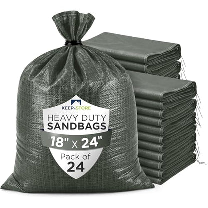 Heavy Duty Sand Bags Pack of 24, Army Green Empty Sandbags with Built-In Ties, Woven Polypropylene UV Protection 1600 Hours, Fillable Bags for Flood Control, Weight, 18x24 inches, 60 Pounds Volume - size: 18"W x 24"L, style: Pack of 24