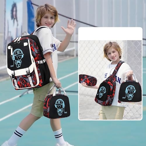 Bevalsa Backpack for Boys, Cool Luminous Boys Backpack with Sling Bag, Lunch Box & Pen Case, School Bags for Kids Children Teens Elementary Middle Schools, Bookbag Glow In The Dark (Red) - color: Red