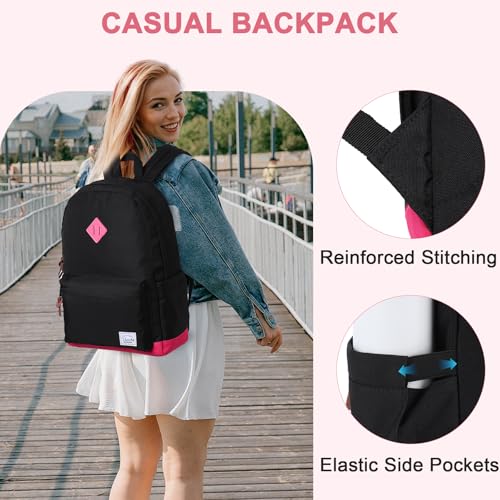 Backpack for Men Women,VASCHY Classic Water-resistant Lightweight Travel School Backpack Casual Daypack - color: Black Fushia