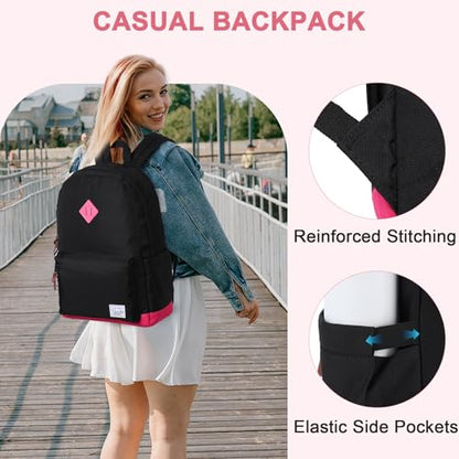 Backpack for Men Women,VASCHY Classic Water-resistant Lightweight Travel School Backpack Casual Daypack - color: Black Fushia