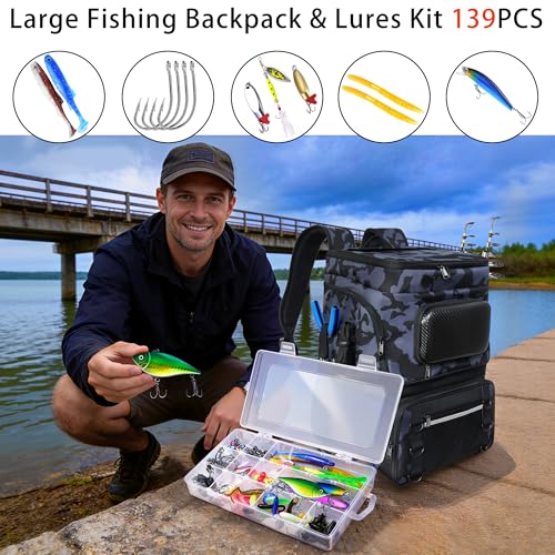 Fishing Backpack with Rod Holder and Tackle Boxes, Cooler, Large 50L Fishing Gear Bag with 139 Fishing Lures Kit, Fish Tool Set, Fish Gifts for Men Woman-Grey Backpack - color: Grey