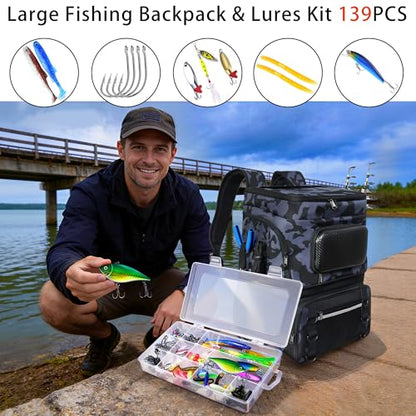 Fishing Backpack with Rod Holder and Tackle Boxes, Cooler, Large 50L Fishing Gear Bag with 139 Fishing Lures Kit, Fish Tool Set, Fish Gifts for Men Woman-Grey Backpack - color: Grey