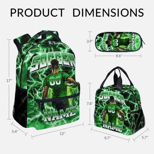UNIKITTY Boys Soccer Backpack Set, Custom School Backpack with Lunch Box & Pencil Case; 17 Inch Large Capacity Soccer Bookbag, Water Resistant for Kids Teens Elementary & Middle School - color: Green