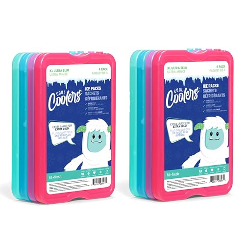 Cool Coolers by Fit & Fresh 4 Pack XL Slim Ice Packs, Quick Freeze Space Saving Reusable Ice Packs for Lunch Boxes or Coolers - color: Multi (8 Pack)