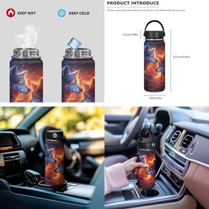 ZOUTAIRONG Boys Backpack and Cute Mini Thermos, Flaming Wolf Design Fashion Casual Backpack with Side Pockets 2 Piece School Bag Set for School Travel - color: Flaming Wolf