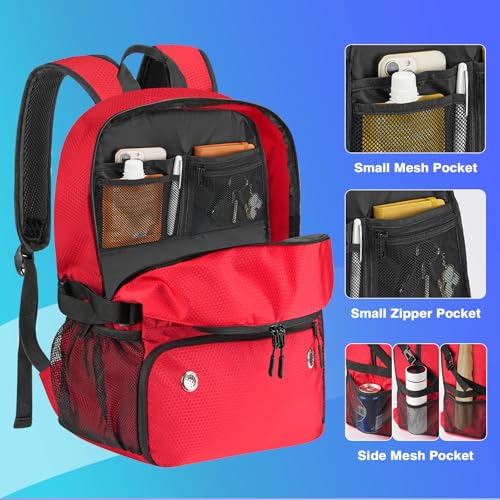 Soccer Backpack with Seperate Compartment, Water Resistant Sport Bags fit for Basketball, Volleyball, Football - color: Red