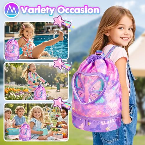 Drawstring Backpack for Kids Girls, Cute Cartoon Butterfly Waterproof Drawstring Bag String Swim Gym Sports Beach Bag with Shoes & Sunglasses Compartment and Wet Proof Pocket - color: J11. Butterfly