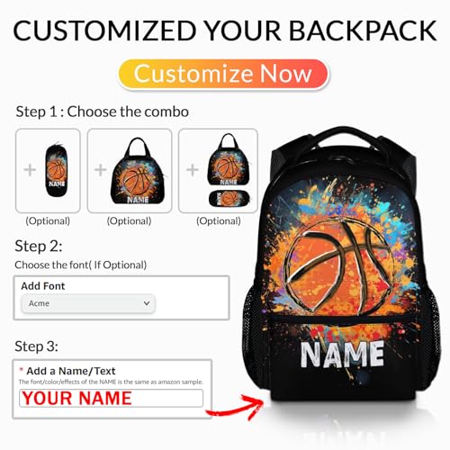 Boys School Backpack Personalized Kids Basketball Backpacks Bookbag Back to School Supplies, Custom Name Cool Sport Back Pack for Travel Camping Casual (17 Inches) - color: Color 1-1